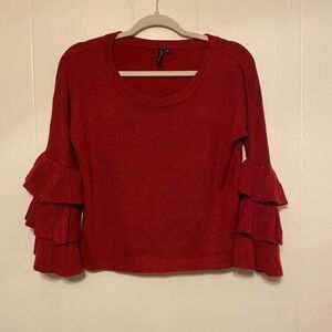 Red Cropped Sweater with Ruffle Sleeves